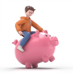 3D Illustration Of Male Guy Qadir Riding Piggy Bank, 3D Rendering On White Background.
