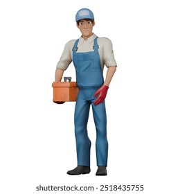 3D Illustration of Male Mechanic. A male mechanic is standing with his left hand carrying a toolbox, as if preparing to repair. Car Repair Professional - Powered by Shutterstock