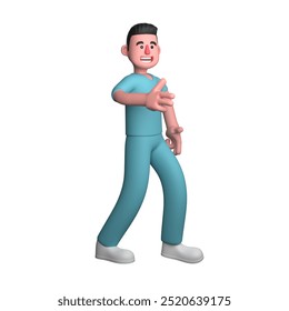 3D Illustration of Male Nurse. A male nurse is walking with a smiling expression, with his hands looking like he is greeting. Hospital Caregiver - Powered by Shutterstock