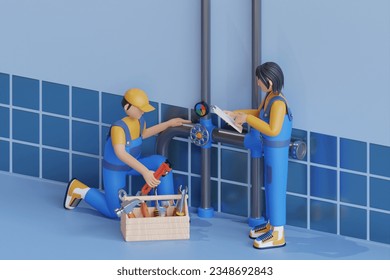 3D illustration of a male plumber checking pipelines. Plumbing repair service, plumber working in the bathroom. 3D illustration - Powered by Shutterstock