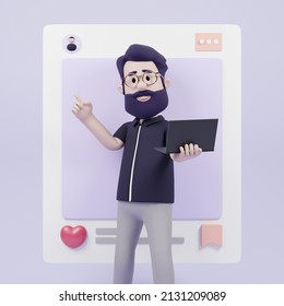 3D Illustration Man Appearing On The Social Media Account As Influencer Exhibiting Sales Review Vlog Blogger Marketing Technology Platform Introduction Concept Character Comic Funny Laptop Audience