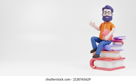 3D Illustration Man Chilling Sitting On The Pile Of Books Waving Knowledge Education Teaching Casual Modern Character Comic Novel Writer Learning University High School Book Worm 