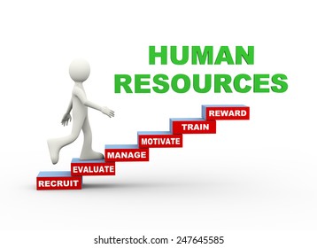 3d Illustration Of Man Climbing Human Resources Word Text Steps Concept. 3d Human Person Character And White People