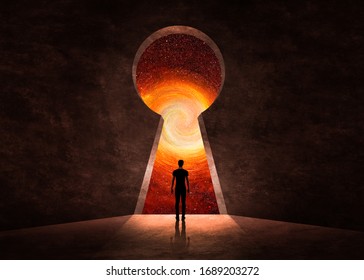 3d illustration. Man in front of open door with universe behind