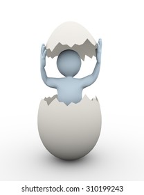 3d Illustration Of Man Inside Broken Cracked Egg. 3d Rendering Of Human Character Businessman