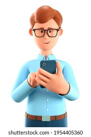 3D illustration of man looking at smartphone and chatting. Clute cartoon smiling businessman talking and typing on the phone. Communication in social networking, mobile connection.