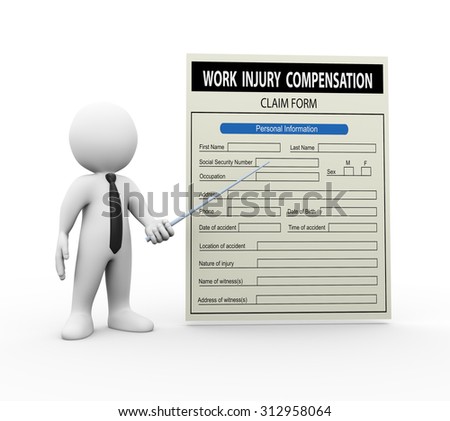 3d illustration of man pointing to work injury claim form. 3d rendering of human people character