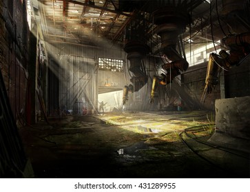 3D illustration of a man searching an abandoned industrial hangar.