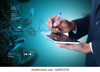 3d Illustration Of Man Showing  Dna And Bacteria With Digital Tablet