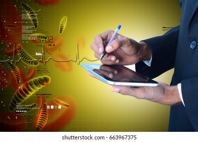 3d Illustration Of Man Showing  Dna And Bacteria With Digital Tablet