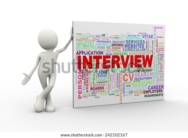 3d Illustration Man Standing Interview Wordcloud Stock Illustration