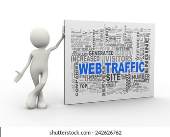 3d illustration of man standing with web traffic wordcloud word tags. 3d human person character and white people