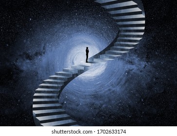 3D Illustration. Man Thinking In Front Of An Impossible Staircase