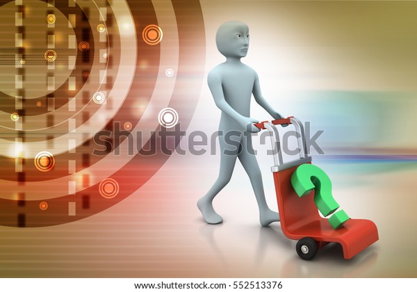 3D illustration of man with trolley for delivering\
question mark