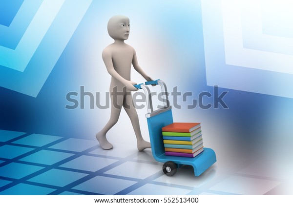 3D\
illustration of man with trolley for delivering\
books
