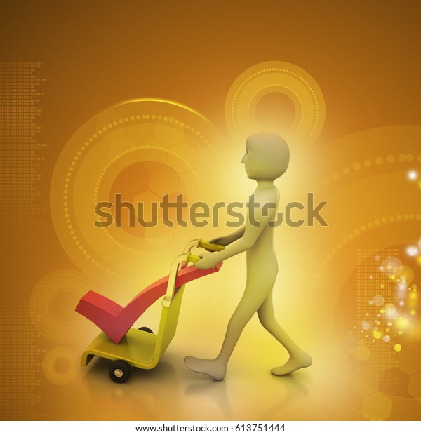 3D illustration of man with trolley for delivering\
right mark