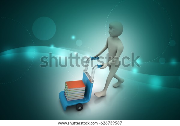 3d\
illustration of man with trolley for delivering\
books