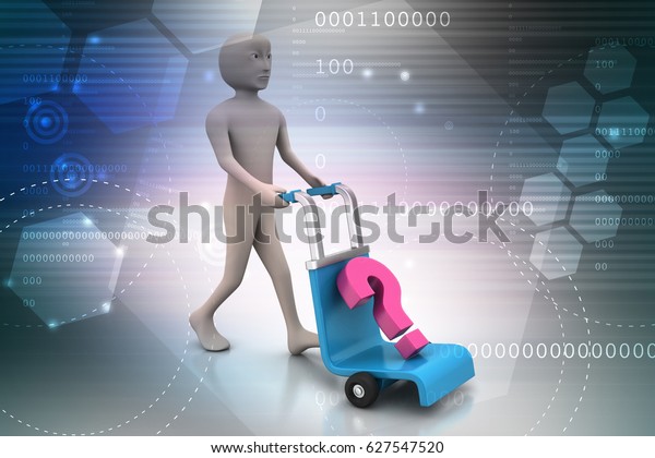 3d illustration of man with trolley for delivering
question mark
