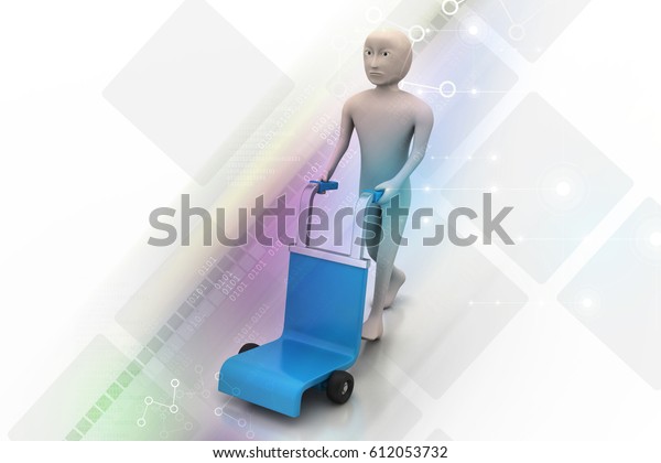 3D\
illustration of man with trolley for\
delivery