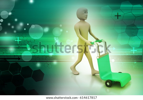 3D\
illustration of man with trolley for\
delivery