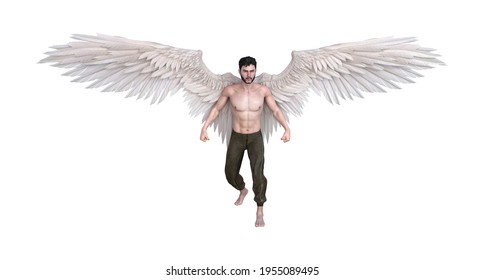 3d Illustration Of A Man With White Angelic Wings Wearing Pants Isolated On A White Background.