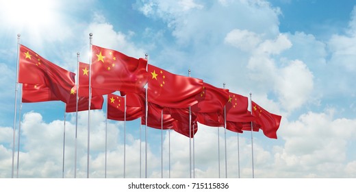 3d Illustration of many flags of China in rows waving in the wind against blue sky
          