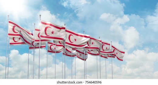 3D illustration of many flags of Northern Cyprus in rows waving in the wind against blue sky - Powered by Shutterstock