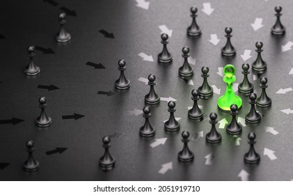 3D Illustration Of Many Pawns Attracted By A Green One. Concept Of Aura Of Attraction And Charismatic Person.