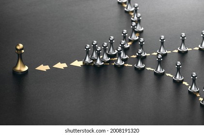 3D illustration of many pawns in a row over black background. Concept of lead. Following the leader.