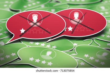 3D Illustration Of Many Speech Bubbles With Two Negative Business Reviews Removed. Concept Of Online Reputation Management. 