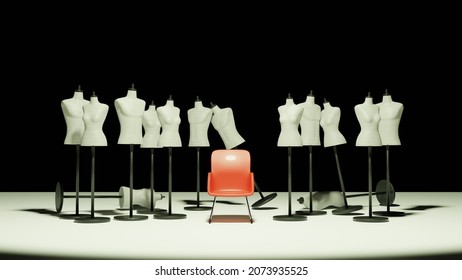 3d Illustration Of Many Torso Mannequins And One Red Chair