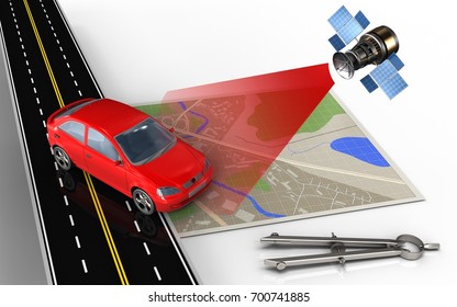 3d illustration of map with car and circle tool