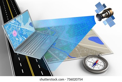 3d Illustration Map Computer Compass Stock Illustration 736020754 ...