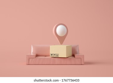 3D Illustration. Map pointer with cardboard box against pastel color background. Shipping service and delivery service concept. Shop online. Stay at home.