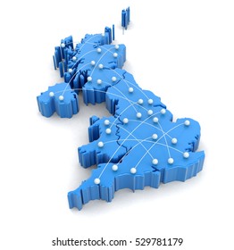 3D Illustration. Map Of UK With Flight Paths. Image With Clipping Path.