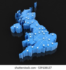 3D Illustration. Map Of UK With Flight Paths. Image With Clipping Path.