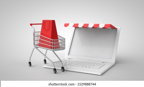 3D illustration. Marketplace online shopping concept. White laptop and supermarket trolley and package