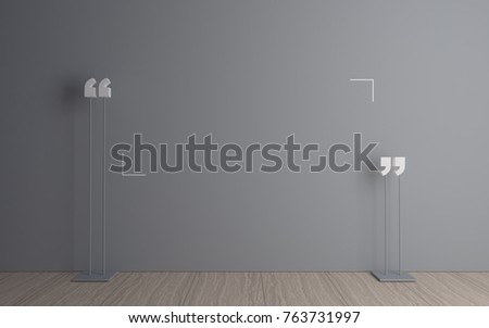 3D illustration. Massive quotation mark in a dark room. Modern conceptual interior. Background for banner