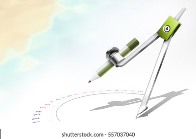 3D Illustration, Math compass with pencil, drawing geometric instruments