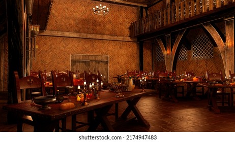 3D illustration of medieval great hall lit be candle light with tables set for a feast. - Powered by Shutterstock