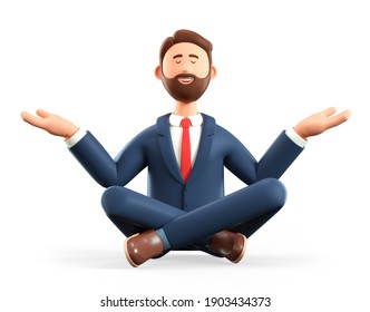3D illustration of meditating man sitting on the floor. Cartoon smiling businessman with closed eyes in yoga lotus position, isolated on white background. Keep calm business concept.