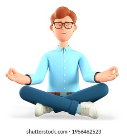 3D illustration of meditating man sitting on the floor in yoga lotus position. Cute cartoon relaxing smiling businessman with closed eyes and wise gesturing. Keep calm business concept. - Powered by Shutterstock