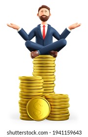3D illustration of meditating man, successful investor sitting on a huge stack of gold coins. Cartoon smiling businessman with closed eyes in yoga lotus position. Keep calm financial savings concept.