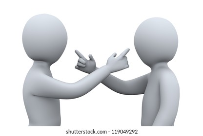3d illustration of men pointing at each other. 3d rendering of human character.