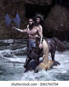 3D Illustration Of Mermaid Riding On The Back Of Centaur Across A River