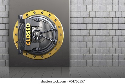 3d illustration of metal box with closed vault door over white stones background