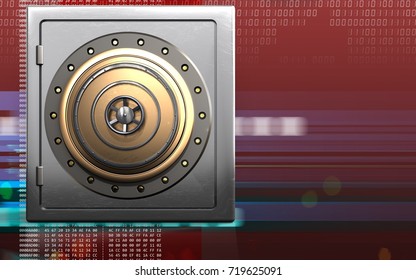 3d Illustration Of Metal Safe With Golden Vault Door Over Digital Red Background