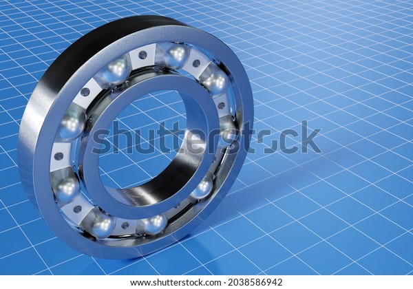 3D illustration metal silver ball bearing with  balls\
on blue   isolated background. Bearing industrial. This part of the\
car
