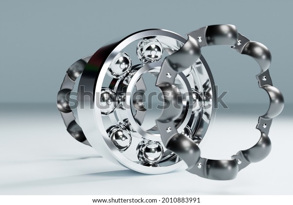 3D illustration metal silver  disassembled ball\
bearing with balls on white  isolated background. Bearing\
industrial. Part of the\
car