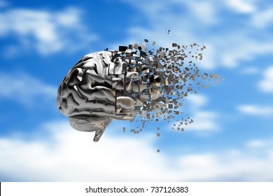 3D Illustration. A Metallic Brain Breaking Down Into Small Particles On A Cloudy Background. Information Concept.
